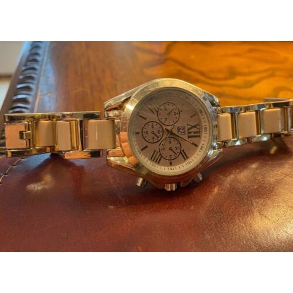 Women's 40mm Rose Gold NY&C Watch, Multifunction Look, Beige Resin Accented Band